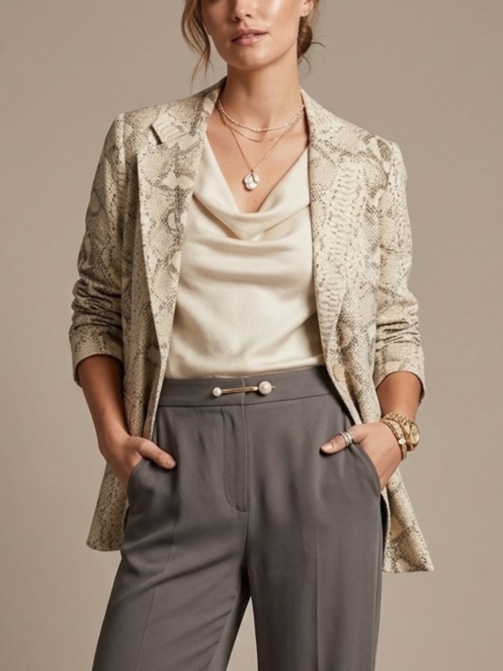 Neiman Marcus Blazer Womens XL Beige Snakeskin Print Cotton Stretch Classic Chic